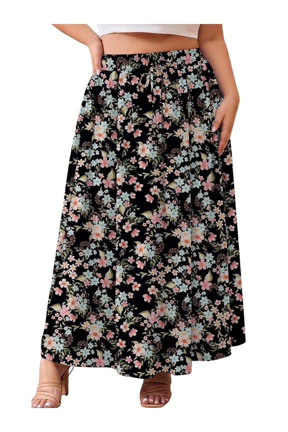 Women's Plus Size High Waisted Maxi Skirts with Pockets, Boho Flowy A-Line Long Skirt, Casual Summer Beach Skirt with Drawstring, Black Ditsy Florals Size 3X