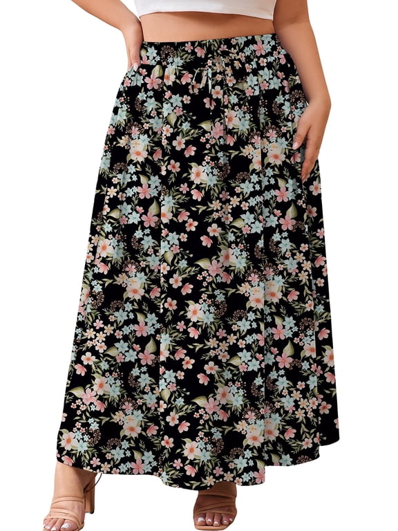 Women's Plus Size High Waisted Maxi Skirts with Pockets, Boho Flowy A-Line Long Skirt, Casual Summer Beach Skirt with Drawstring, Black Ditsy Florals Size 3X