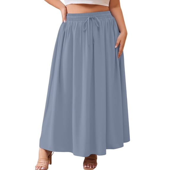 SHOWMALL Women's Plus Size High Waisted Maxi Skirts with Pockets, Gray Blue 3X Boho Flowy A-Line Long Skirt, Casual Summer Beach Skirt with Drawstring
