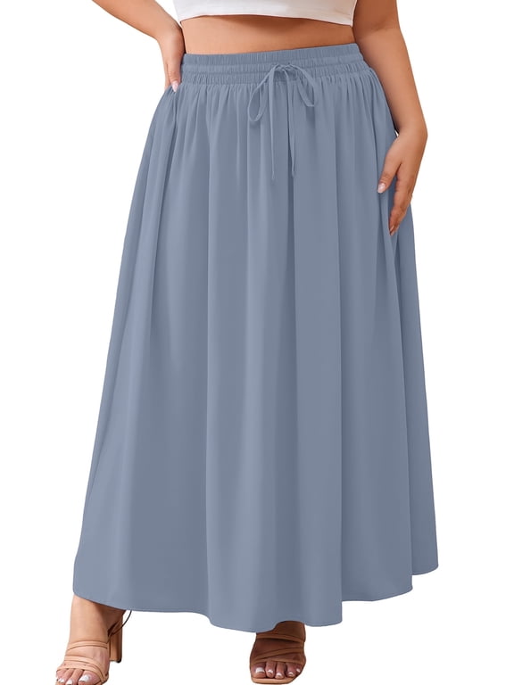 Women's Plus Size High Waisted Maxi Skirts with Pockets, Gray Blue 3X Boho Flowy A-Line Long Skirt, Casual Summer Beach Skirt with Drawstring