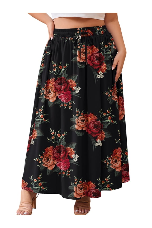 Women's Plus Size High Waisted Maxi Skirts with Pockets, Boho Flowy A-Line Long Skirt, Casual Summer Beach Skirt with Drawstring, Elegant Floral Black Size 3X
