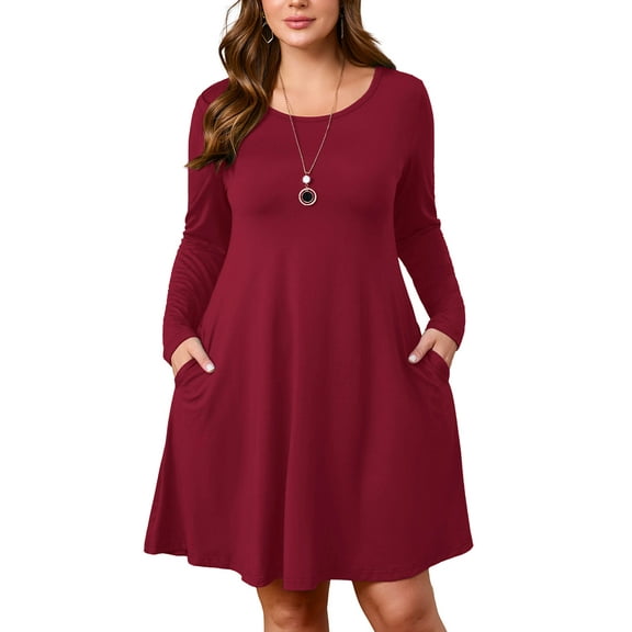 SHOWMALL Women's Plus Size Midi Dress Long Sleeves with Pockets, Burgundy 3X Swing A-Line, Soft & Breathable, Everyday Knee Length