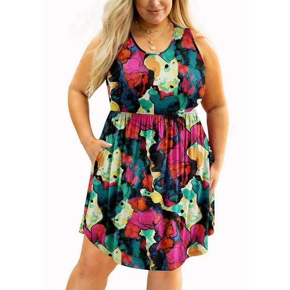 SHOWMALL Women's Plus Size Midi Dress Summer Floral Multicolored 3X Casual Sleeveless Scoop Neck Flowy Pleated Sun Beach Boho Elegant Girls Babydoll Swing Dresses with Pockets