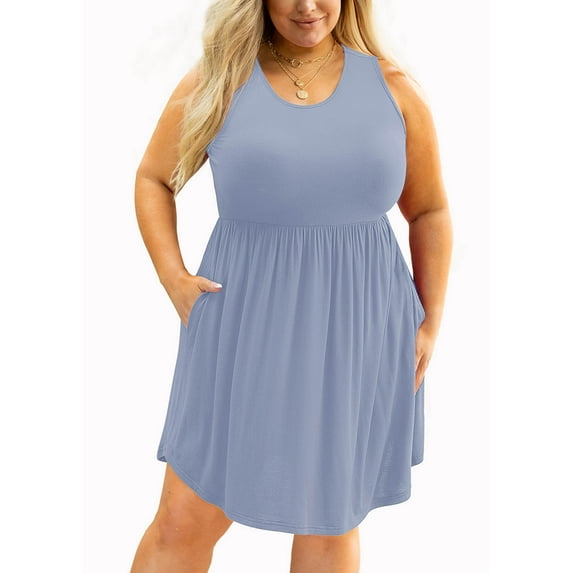 SHOWMALL Women's Plus Size Midi Dress Summer Misty Blue 4X Casual Sleeveless Scoop Neck Flowy Pleated Sun Beach Boho Elegant Girls Babydoll Swing Dresses with Pockets