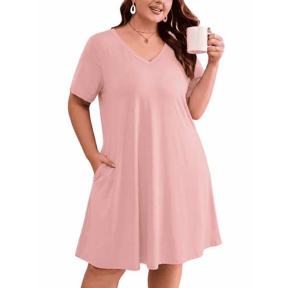 SHOWMALL Women's Plus Size Nightgown Comfy Short Sleeve Sleepwear Pink Pajama Dress Casual Loungewear with Pockets, Size 5X