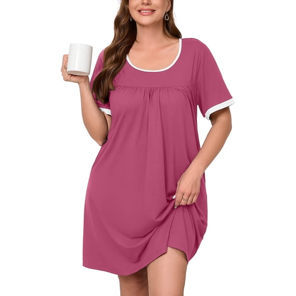SHOWMALL Women's Plus Size Nightgown Short Sleeve Floral Sleepwear Purple Red 3X Comfy Sleepshirts Pleated Scoopneck Nightshirt Casual Loungewear