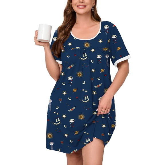SHOWMALL Women's Plus Size Nightgown Short Sleeve Floral Sleepwear Starry Sky Deep Navy 1X Comfy Sleepshirts Pleated Scoopneck Nightshirt Casual Loungewear