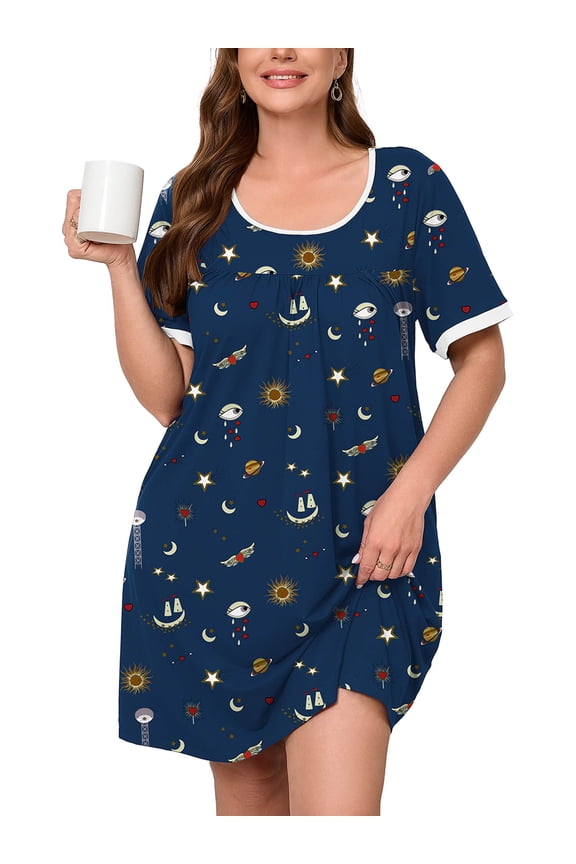 Women's Plus Size Nightgown Short Sleeve Floral Sleepwear Starry Sky Deep Navy 3X Comfy Sleepshirts Pleated Scoopneck Nightshirt Casual Loungewear