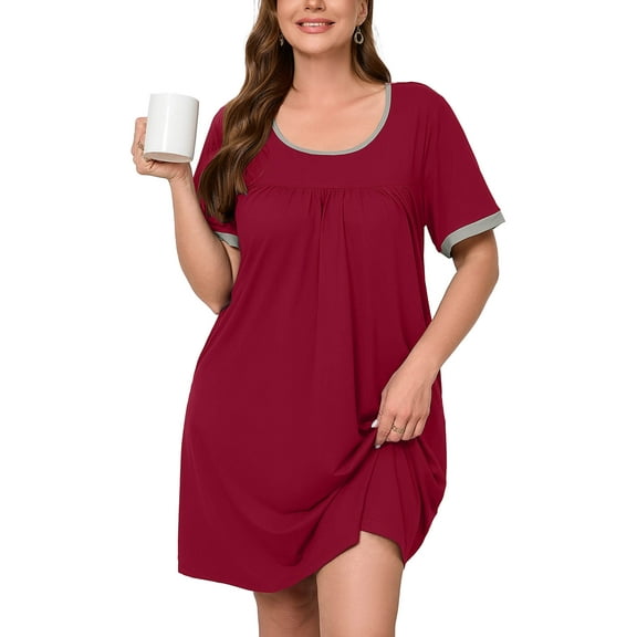 SHOWMALL Women's Plus Size Nightgown Short Sleeve Sleepwear DressWine Red 3X Comfy Sleepshirts Pleated Scoopneck Nightshirt Casual Loungewear