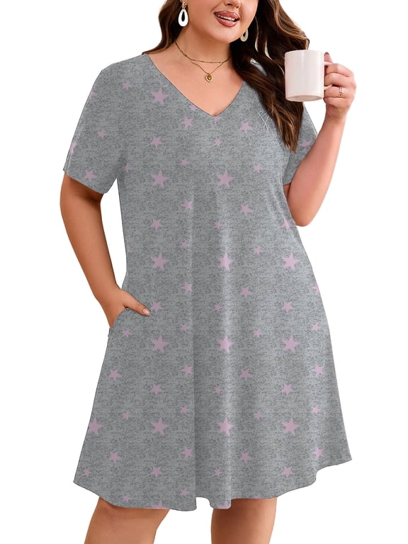 Women's Plus Size Nightgown Short Sleeve Sleepwear Floral Pajama Dress Comfy Sleepshirts Casual Loungewear with Pockets, Size 3X