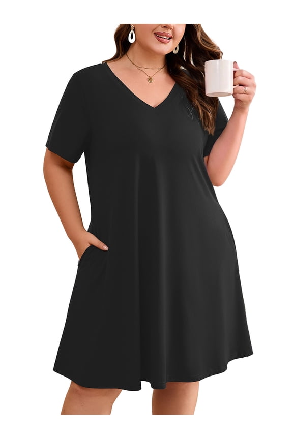 Women's Plus Size Nightgown Comfy Short Sleeve Sleepwear Black Pajama Dress Casual Loungewear with Pockets, Size 4X