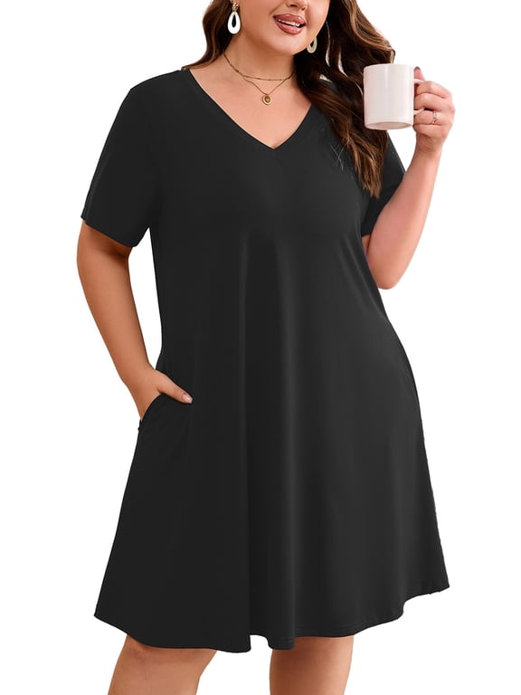 Women's Plus Size Nightgown Comfy Short Sleeve Sleepwear Black Pajama Dress Casual Loungewear with Pockets, Size 3X