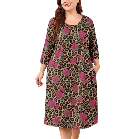 SHOWMALL Women's Plus Size Nightgown with Pockets Soft 3/4 Sleeve Pleated Crew Neck Sleep Dress Loose Lounge Sleepwear