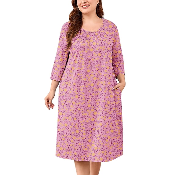 SHOWMALL Women's Plus Size Nightgown with Pockets Soft 3/4 Sleeve Pleated Crew Neck Sleep Dress Loose Lounge Sleepwear