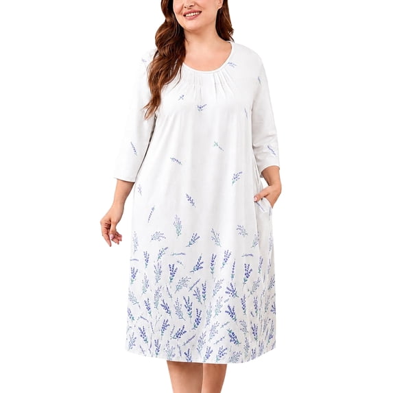 SHOWMALL Women's Plus Size Nightgown with Pockets Soft 3/4 Sleeve Pleated Crew Neck Sleep Dress Loose Lounge Sleepwear