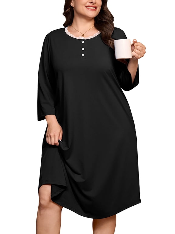 Women's Plus Size Nightgowns 3/4 Sleeve Sleepwear Button Down Sleep Dress with Pockets XL-5XL