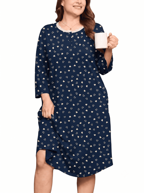 Women's Plus Size Nightgowns 3/4 Sleeve Sleepwear Button Down Sleep Dress with Pockets XL-5XL