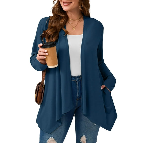 SHOWMALL Women's Plus Size Open Front Cardigan, Blue 3X Lightweight Duster Sweater with Pockets for Casual Layering