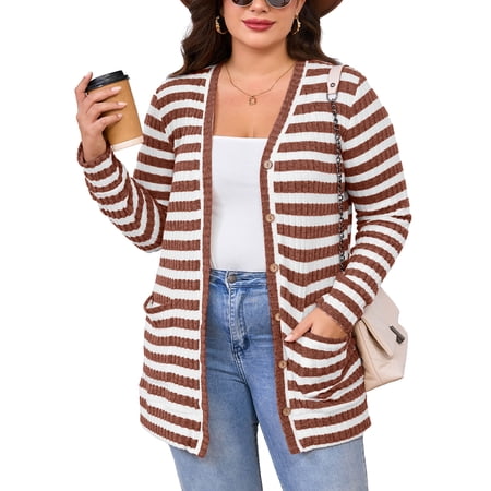 SHOWMALL Women's Plus Size Open Front Cardigan, Brown Stripe 3X Ribbed Long Sleeve Casual Sweater with Buttons and Pockets for Cozy Fall Winter Outfits
