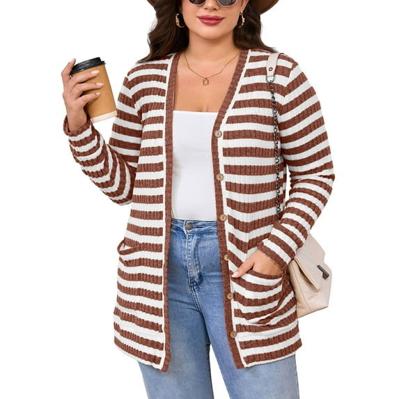 SHOWMALL Women's Plus Size Open Front Cardigan, Brown Stripe 3X Ribbed Long Sleeve Casual Sweater with Buttons and Pockets for Cozy Fall Winter Outfits
