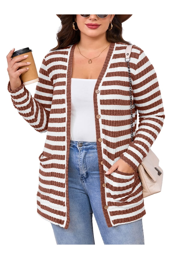 Women's Plus Size Open Front Cardigan, Brown Stripe 4X Ribbed Long Sleeve Casual Sweater with Buttons and Pockets for Cozy Fall Winter Outfits