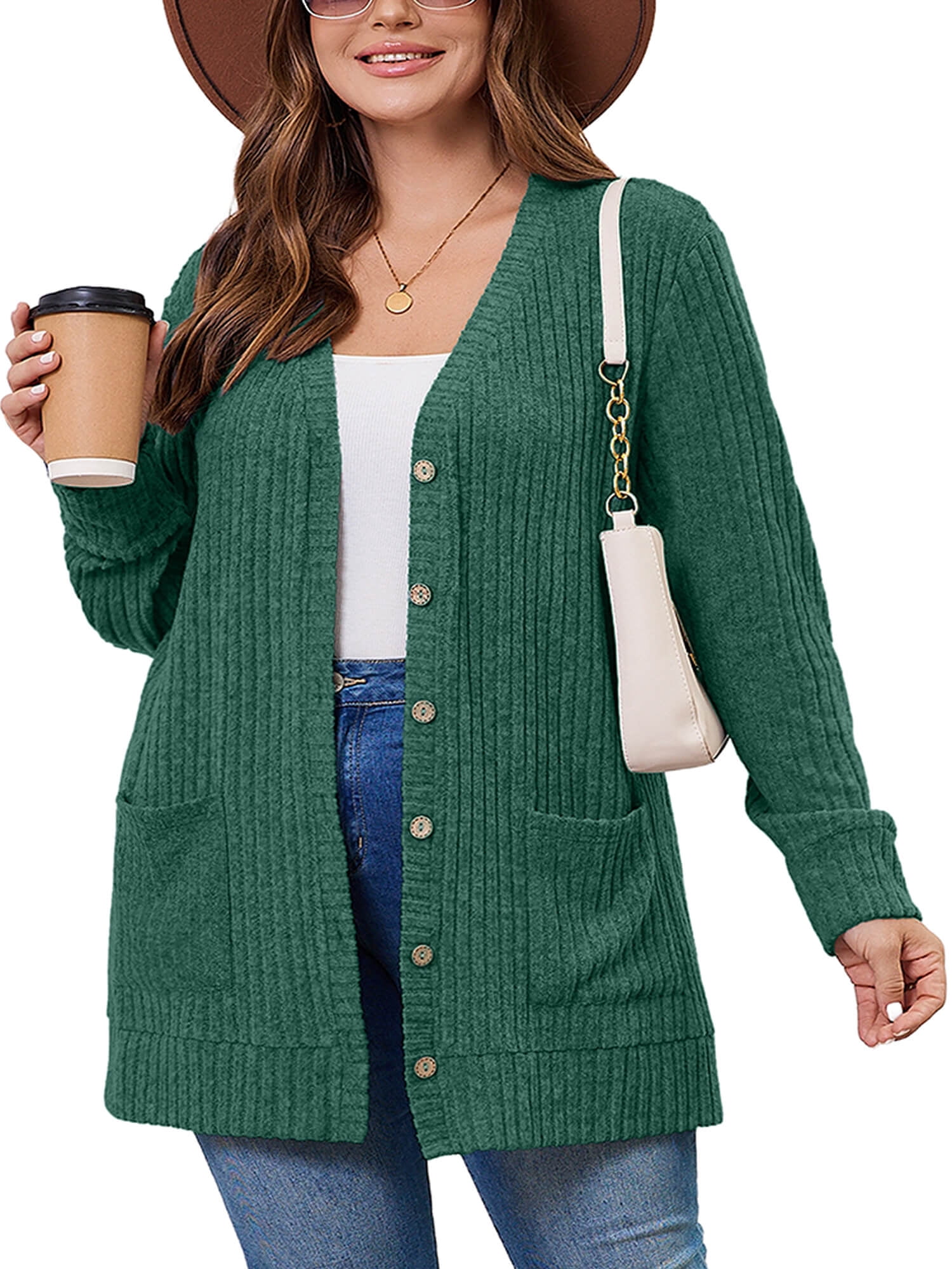 SHOWMALL Women's Plus Size Open Front Cardigan, Dark Green 3X