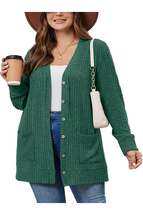 Women's Plus Size Open Front Cardigan, Dark Green 3X Ribbed Long Sleeve Casual Sweater with Buttons and Pockets for Cozy Fall Winter Outfits