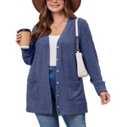 SHOWMALL Women's Plus Size Open Front Cardigan, Navy Blue 1X Ribbed Long Sleeve Casual Sweater with Buttons and Pockets for Cozy Fall Winter Outfits