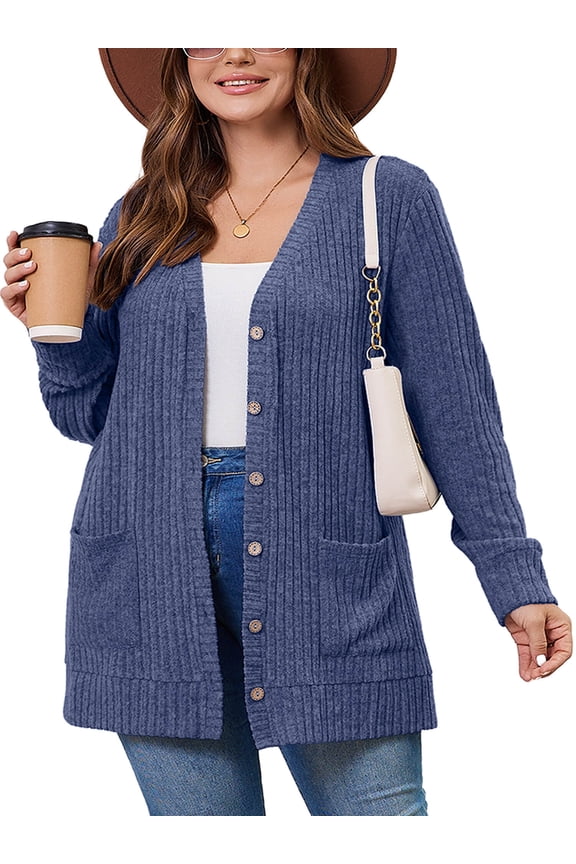 Women's Plus Size Open Front Cardigan, Navy Blue 1X Ribbed Long Sleeve Casual Sweater with Buttons and Pockets for Cozy Fall Winter Outfits