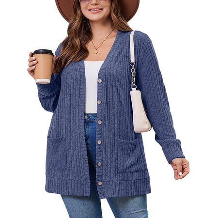 SHOWMALL Women's Plus Size Open Front Cardigan, Navy Blue 2X Ribbed Long Sleeve Casual Sweater with Buttons and Pockets for Cozy Fall Winter Outfits