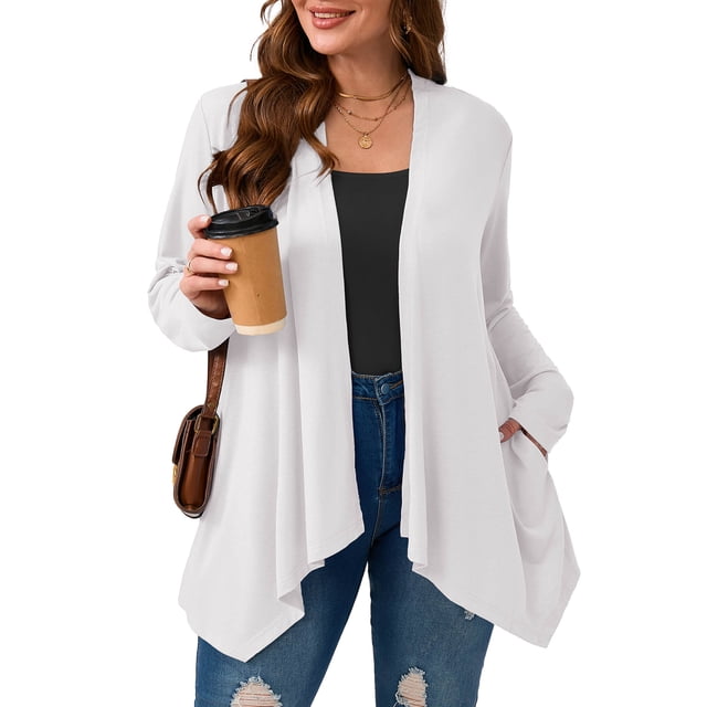 SHOWMALL Women's Plus Size Open Front Cardigan, White 1X Lightweight Duster Sweater with Pockets for Casual Layering
