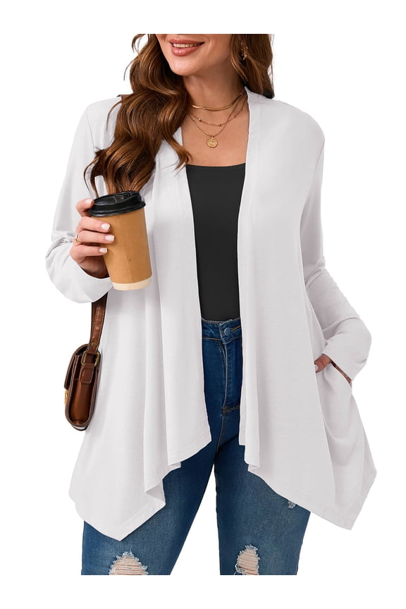 Women's Plus Size Open Front Cardigan, White 2X Lightweight Duster Sweater with Pockets for Casual Layering