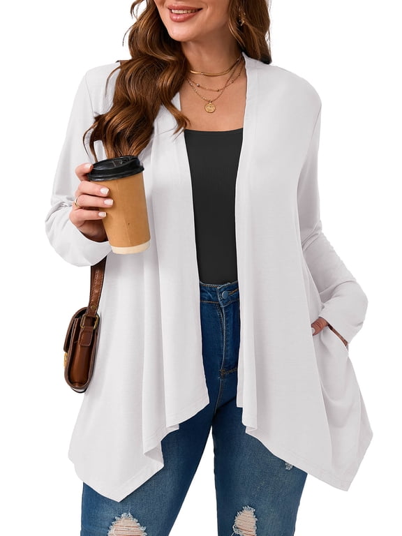 Women's Plus Size Open Front Cardigan, White 3X Lightweight Duster Sweater with Pockets for Casual Layering