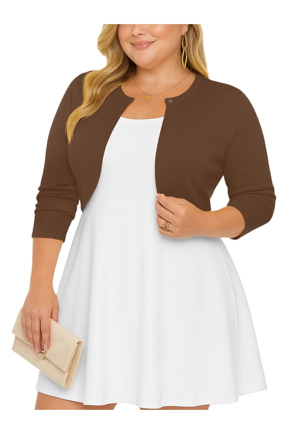 Women's Plus Size Open Front Cropped Cardigan Coffee 2X Lightweight Long Sleeve Bolero Shrug for Dresses