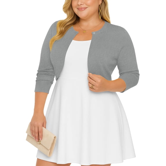 SHOWMALL Women's Plus Size Open Front Cropped Cardigan Light Gray 4X Lightweight Long Sleeve Bolero Shrug for Dresses