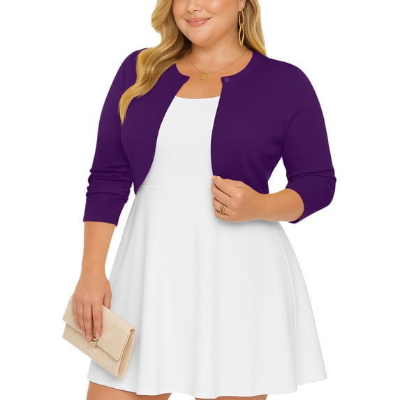 SHOWMALL Women's Plus Size Open Front Cropped Cardigan Purple 5X Lightweight Long Sleeve Bolero Shrug for Dresses