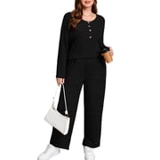 SHOWMALL Women's Plus Size Outfit Sets – 2 Piece Lounge Set Black 1X Long Sleeve Ribbed Top and Pants with Pockets, Soft Homewear