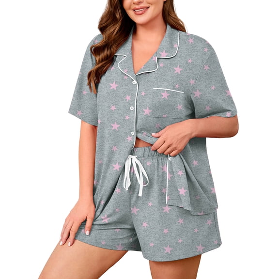 SHOWMALL Women's Plus Size Pajama Set 2 Piece Sleepwear with Pockets,Pink Stars 3X Valentine's Day Galentine's Self-Care Gift for Her, Soft Short Sleeve Loungewear