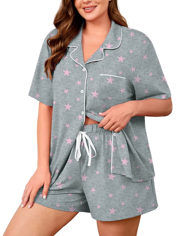 Women's Plus Size Pajama Set 2 Piece Sleepwear with Pockets,Pink Stars 3X Valentine's Day Galentine's Self-Care Gift for Her, Soft Short Sleeve Loungewear
