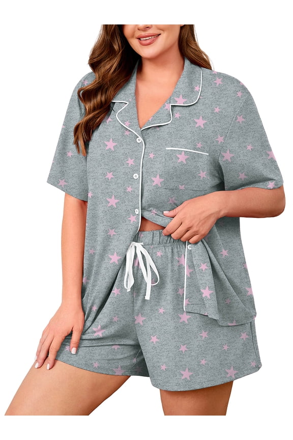 Women's Plus Size Pajama Set 2 Piece Sleepwear with Pockets,Pink Stars 5X Valentine's Day Galentine's Self-Care Gift for Her, Soft Short Sleeve Loungewear