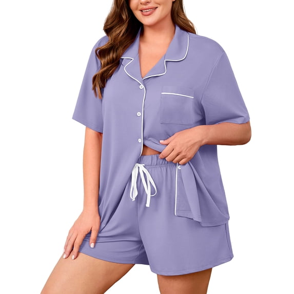 SHOWMALL Women's Plus Size Pajama Set 2 Piece Sleepwear with Pockets, Purple Gray 4X Valentine's Day Galentine's Self-Care Gift for Her, Soft Short Sleeve Loungewear