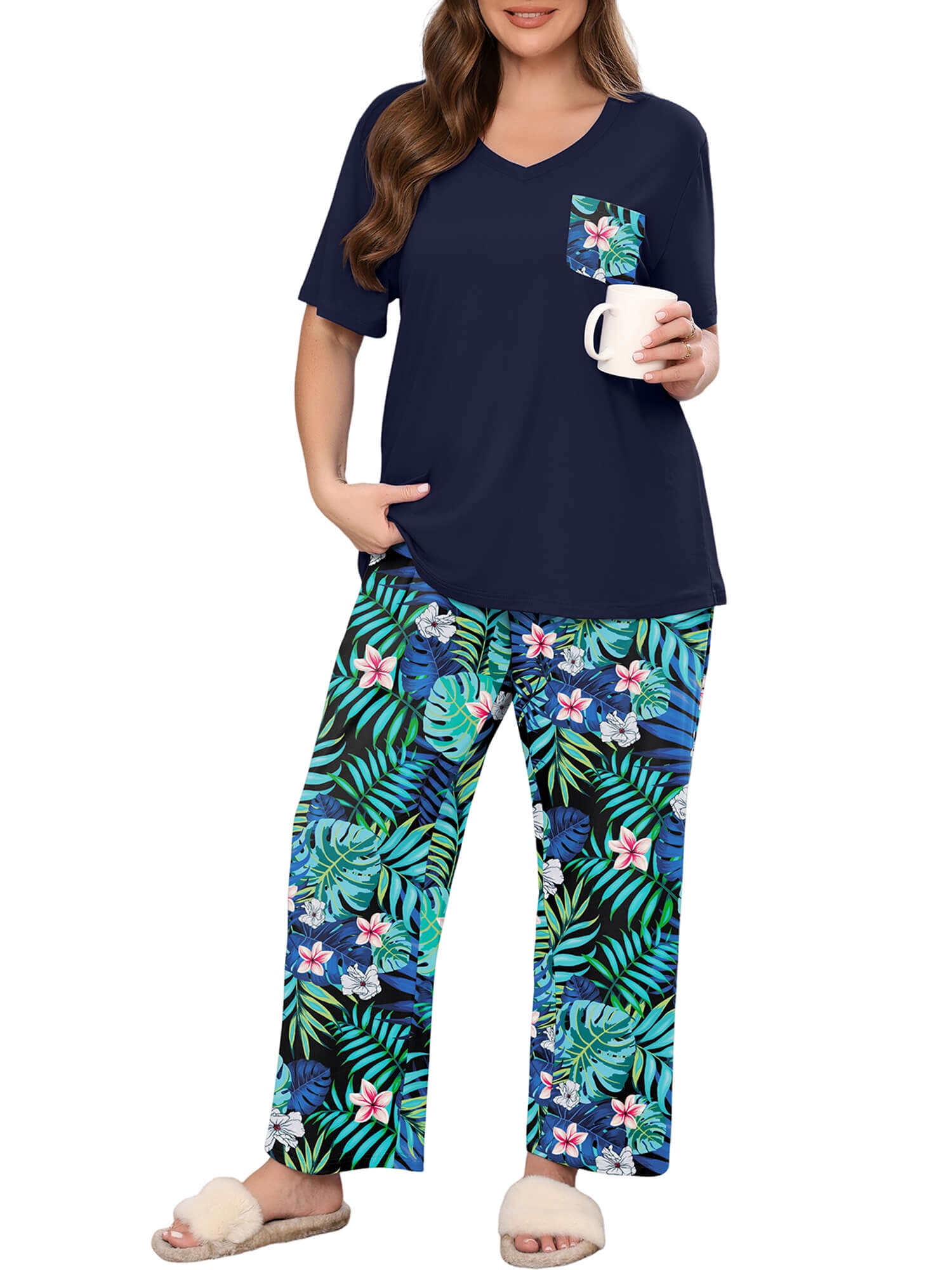 SHOWMALL Women's Plus Size Pajama Set Black Jungle Blooms 1X 2 Piece ...