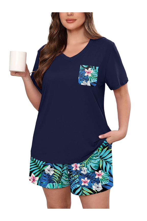 Women's Plus Size Pajama Set, Black Jungle Blooms 1X 2 Piece Loungewear Sleepwear for Spring Summer Fall, Short Sleeve Top and Printed Shorts with Side Pockets,