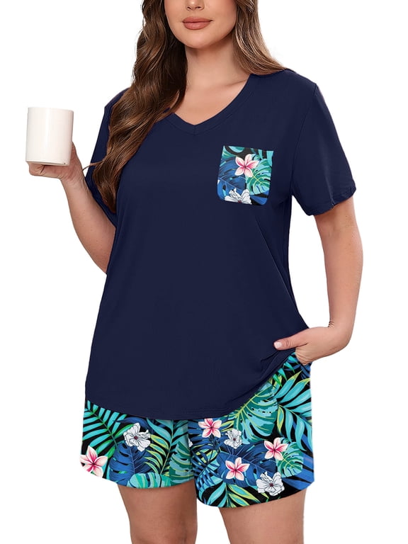 Women's Plus Size Pajama Set, Black Jungle Blooms 1X 2 Piece Loungewear Sleepwear for Spring Summer Fall, Short Sleeve Top and Printed Shorts with Side Pockets,