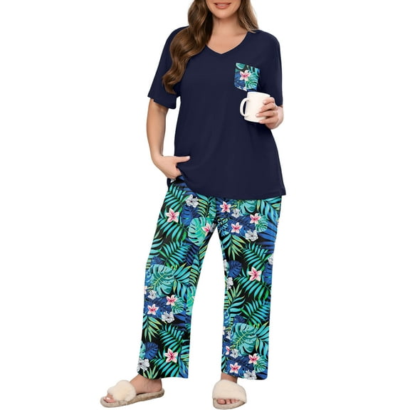 SHOWMALL Women's Plus Size Pajama Set Black Jungle Blooms 3X 2 Piece Loungewear Set Sleepwear for Spring Summer Fall, Short Sleeve Top and Printed Long Pants with Side Pockets