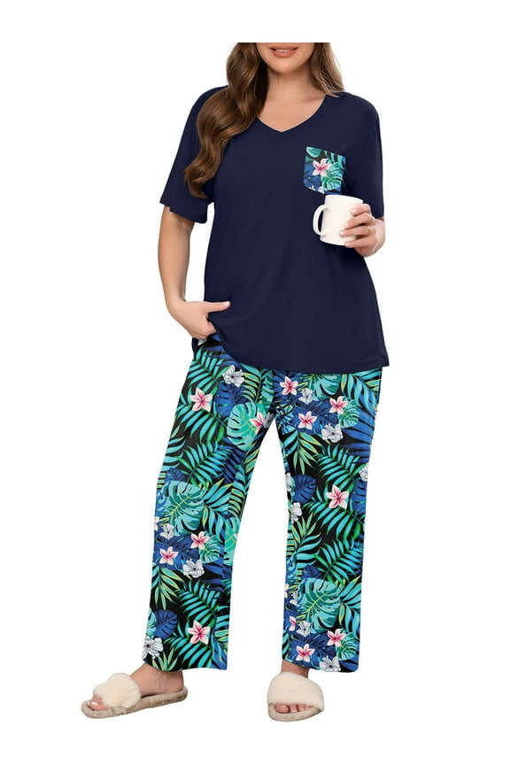 Women's Plus Size Pajama Set Black Jungle Blooms 3X 2 Piece Loungewear Set Sleepwear for Spring Summer Fall, Short Sleeve Top and Printed Long Pants with Side Pockets