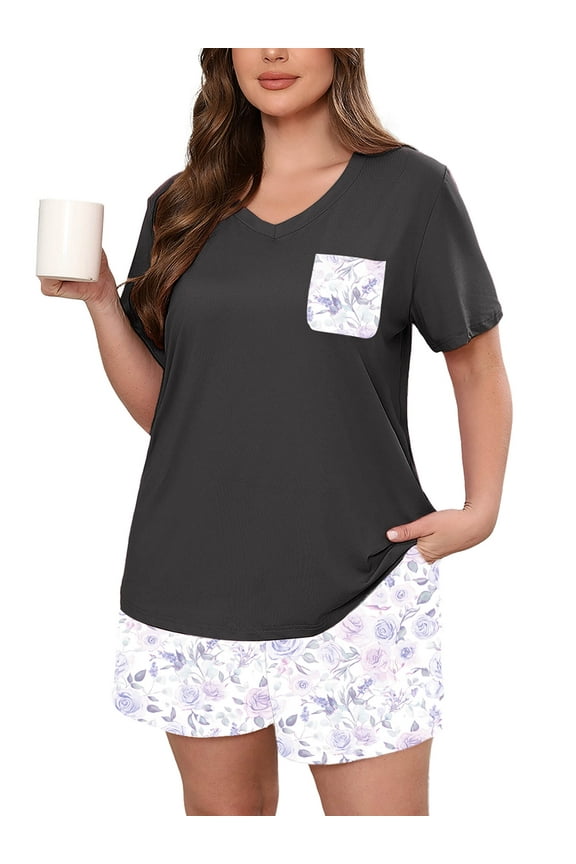 Women's Plus Size Pajama Set, Blue Lilac Rose 3X 2 Piece Loungewear Sleepwear for Spring Summer Fall, Short Sleeve Top and Printed Shorts with Side Pockets,