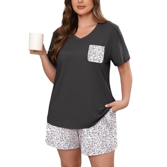 SHOWMALL Women's Plus Size Pajama Set, Ditsy Floral 3X 2 Piece Loungewear Sleepwear for Spring Summer Fall, Short Sleeve Top and Printed Shorts with Side Pockets,