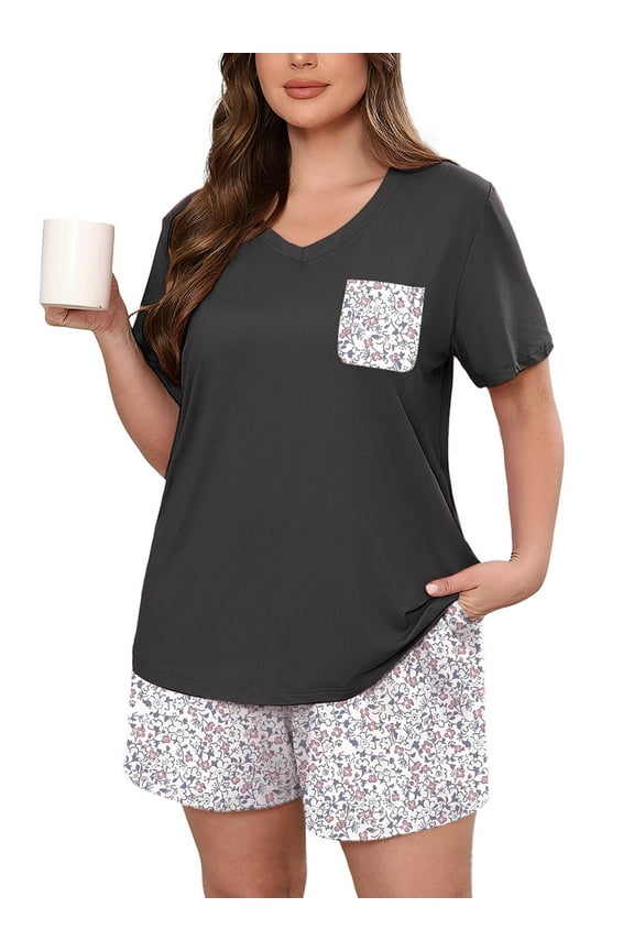 Women's Plus Size Pajama Set, Ditsy Floral 3X 2 Piece Loungewear Sleepwear for Spring Summer Fall, Short Sleeve Top and Printed Shorts with Side Pockets,