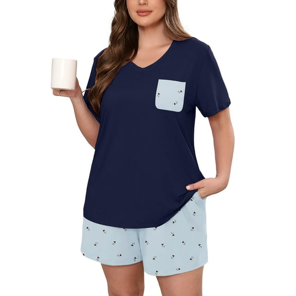 SHOWMALL Women's Plus Size Pajama Set, Lamb Print Light Blue 3X 2 Piece Loungewear Sleepwear for Spring Summer Fall, Short Sleeve Top and Printed Shorts with Side Pockets,